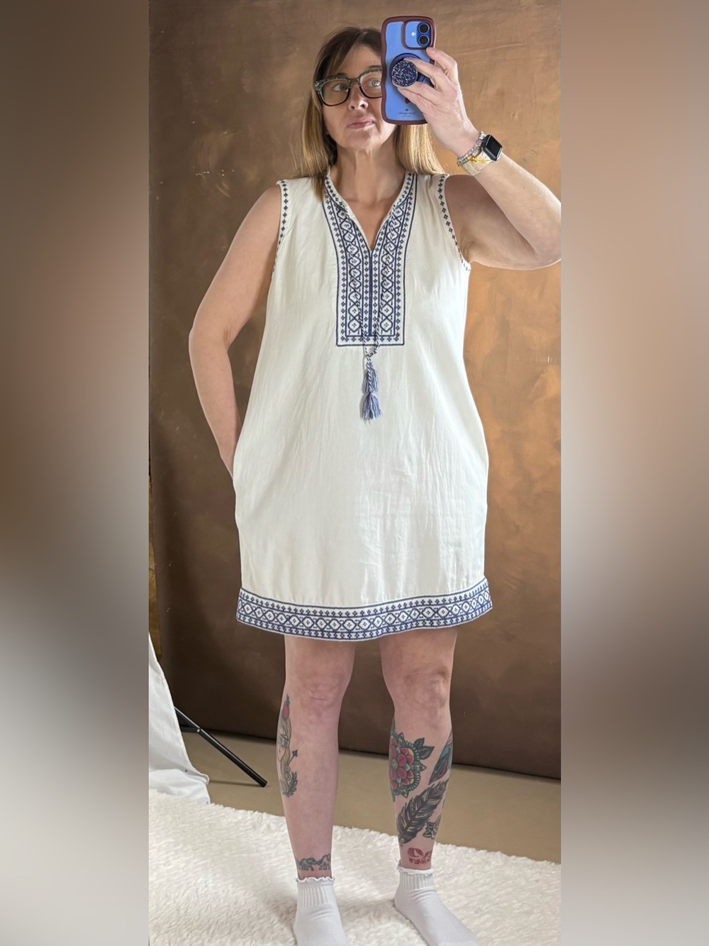 beachlunchlounge White Tunic Dress Blue Embroidered Trim